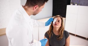 A woman with an injured eye being examined for signs of sight loss by a doctor