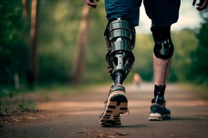 a man with prosthetic limbs walking through a park