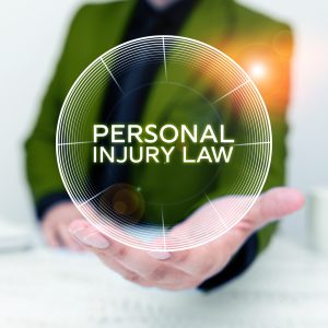 A lawyer holds a bubble with the text personal injury law. He can offer free legal advice. 