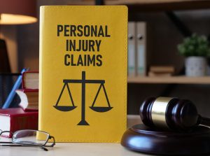 A yellow book with the words personal injury claims printed on it standing on a desk. 